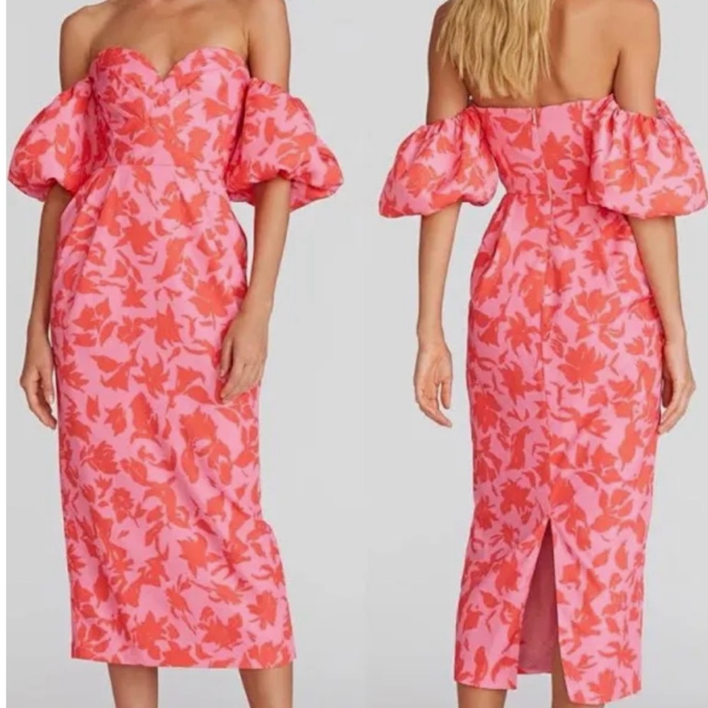 AMUR Pink and Coral Floral Off-Shoulder Puff-Sleeve Midi Dress